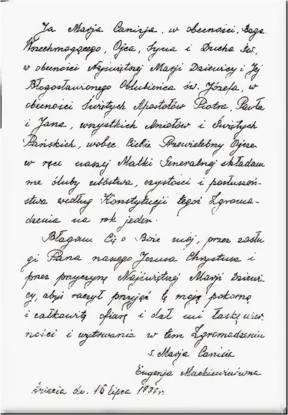 Akt ślubów własnoręcznie napisany przez S. Kanizję