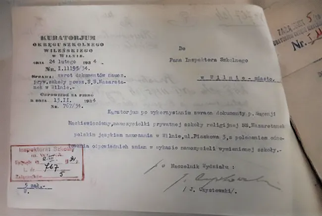 Dokument dotyczący pracy S. Kanizji w Szczytnikach k. Brześcia przed wstąpieniem do Sióstr Nazaretanek