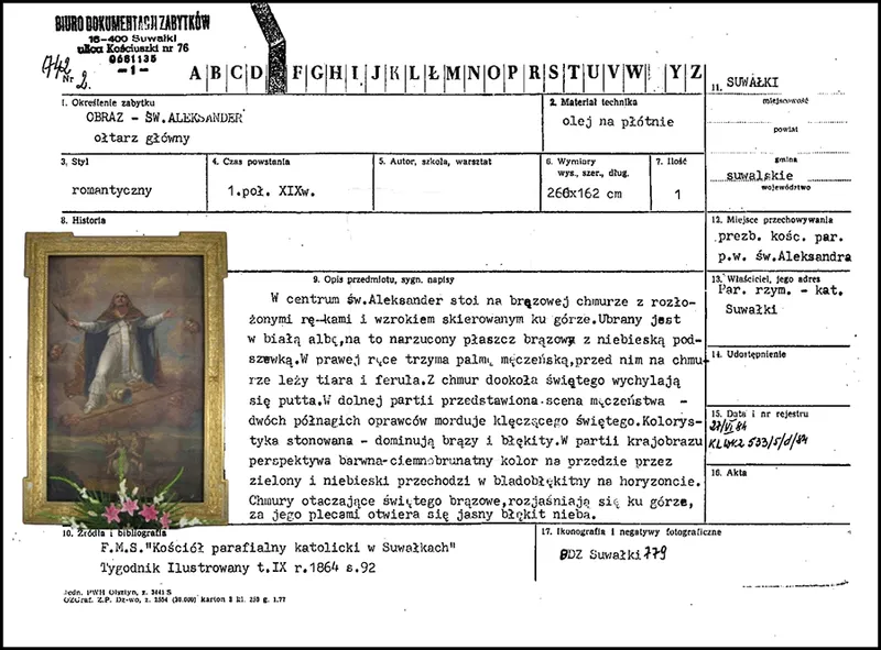 Kserokopia karty ewidencyjnej obrazu św. Aleksandra