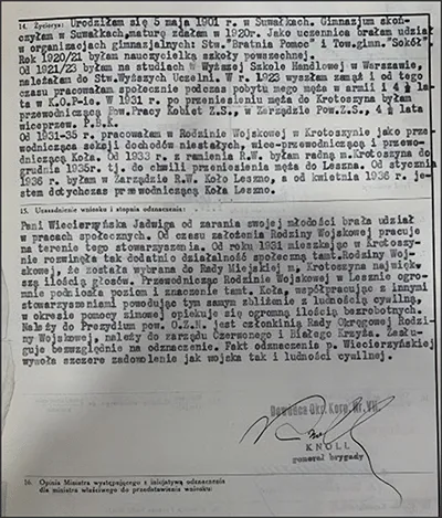 Dokument związany z wnioskiem Jadwigi Wiecierzyńskiej o Krzyż Zasługi