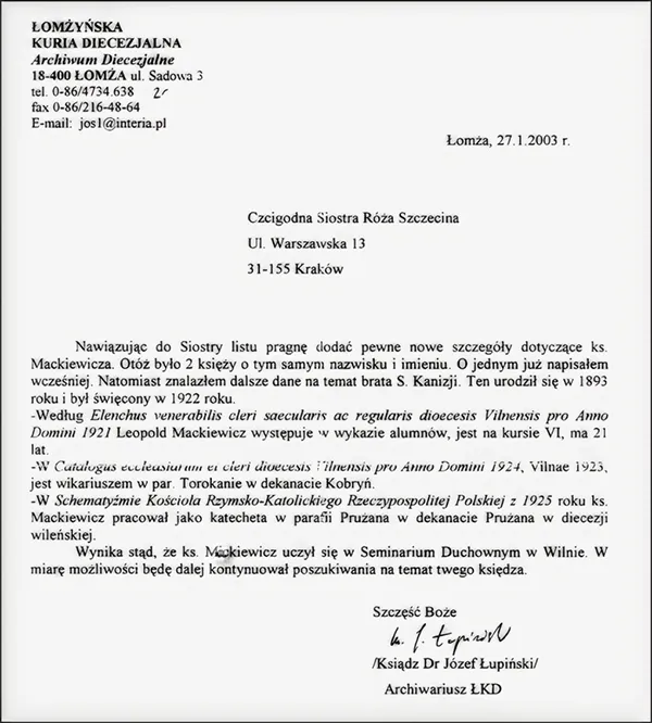 List z Archiwum Diecezjalnego w Łomży