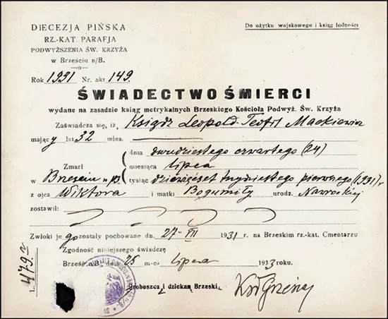 Świadectwo śmierci ks. Leopolda Mackiewicza