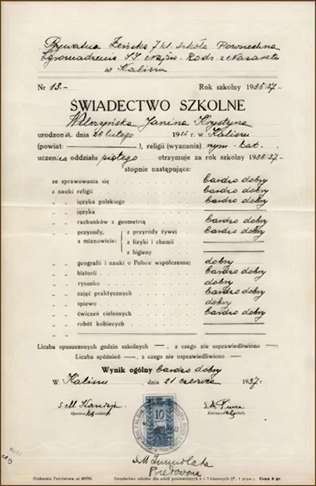 Świadectwo szkolne z Kalisza z 21 czerwca 1937 r., podpisane przez S. M. Kanizję